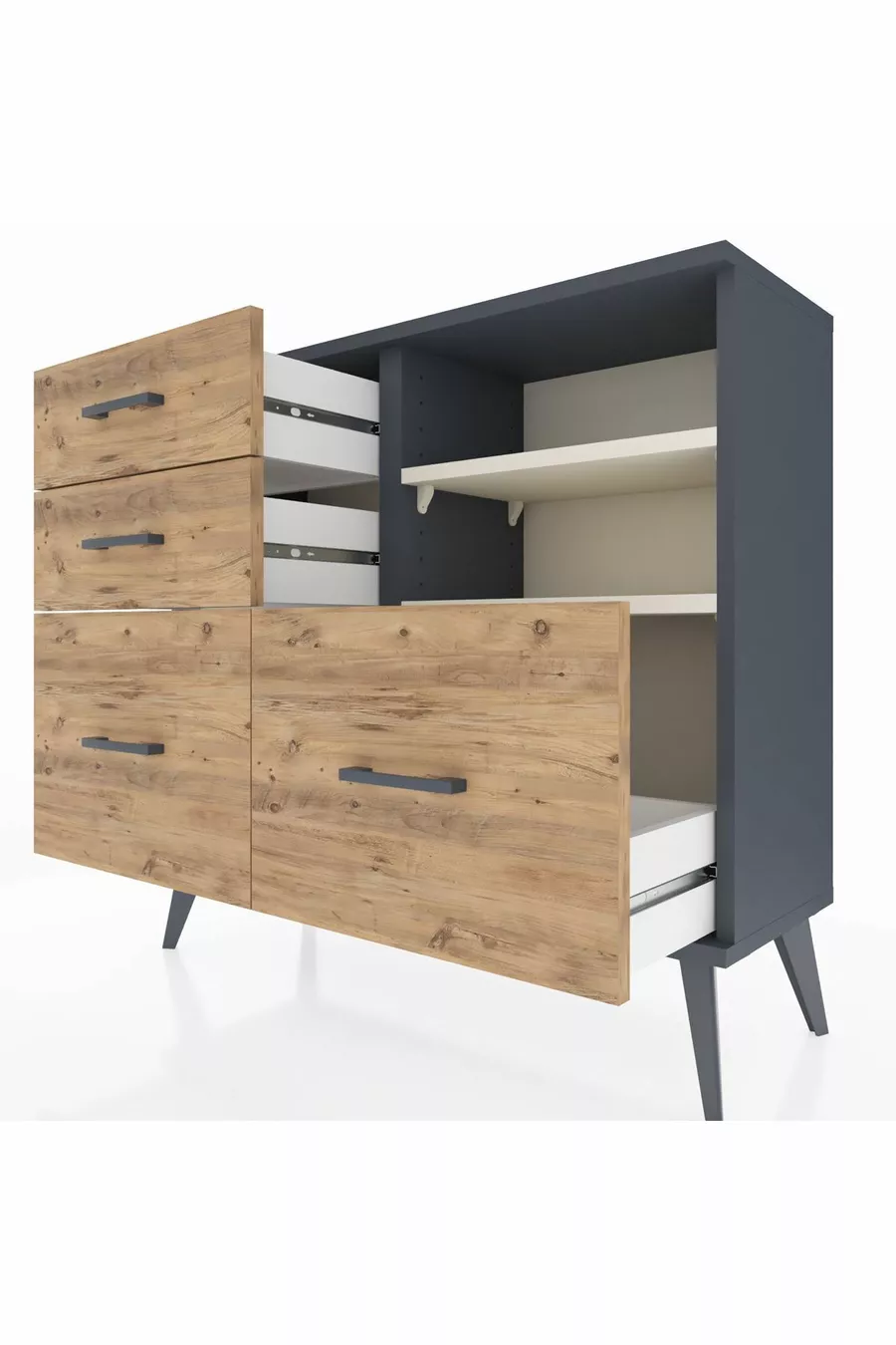 Arges Dresser 2 Shelves 4 Drawers Anthracite-Pebble/ Pine