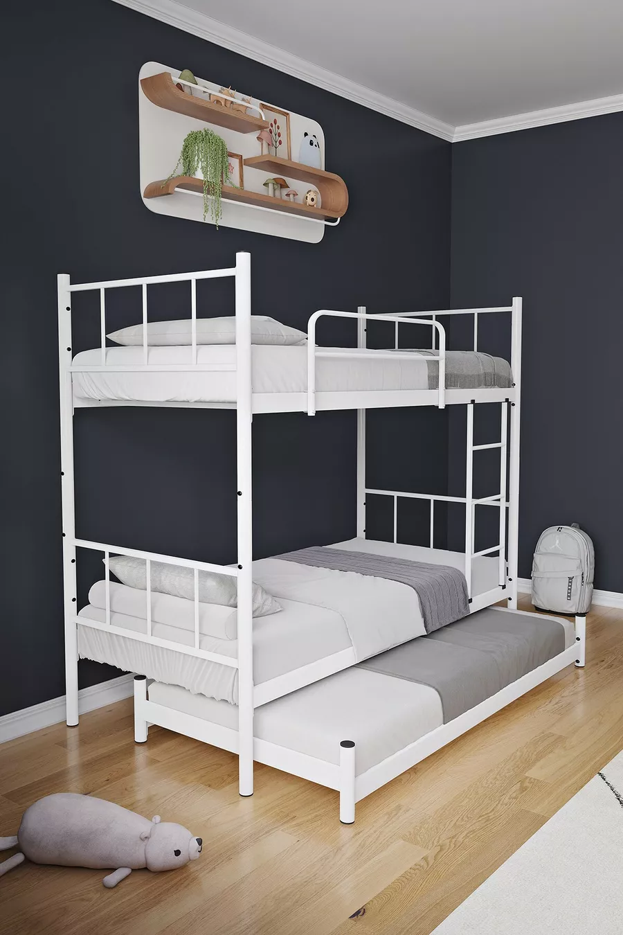 Lit superposé Tekno avec tiroirs, compatible pour 3 personnes, métal blanc