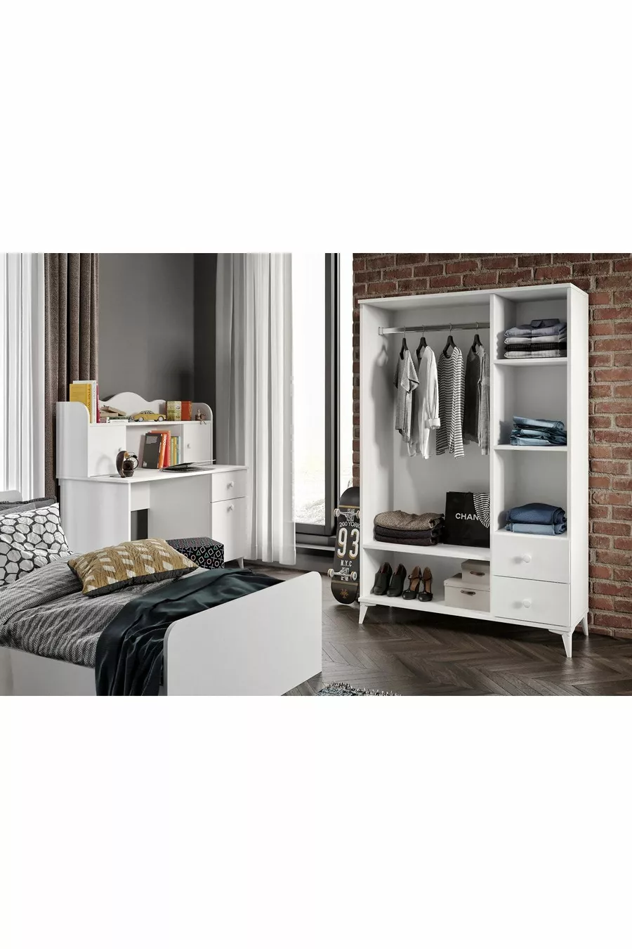 Ensemble chambre d'adolescent moderne Akasya blanc - 4 pièces et entièrement en MDF de première qualité