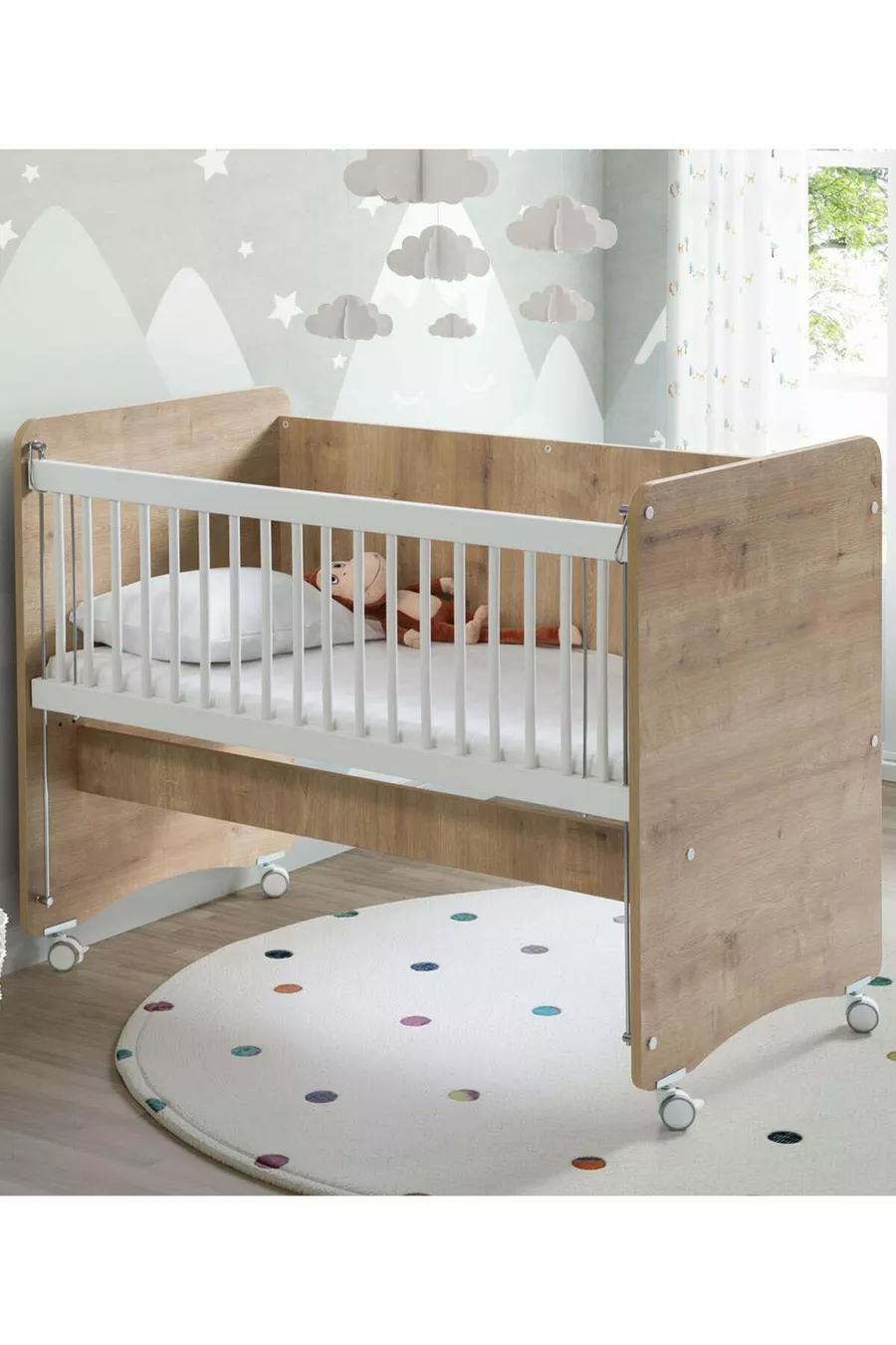 Berceau pour bébé à roulettes avec côté inclinable - Lit bébé - Lit parc - Bois - Cm