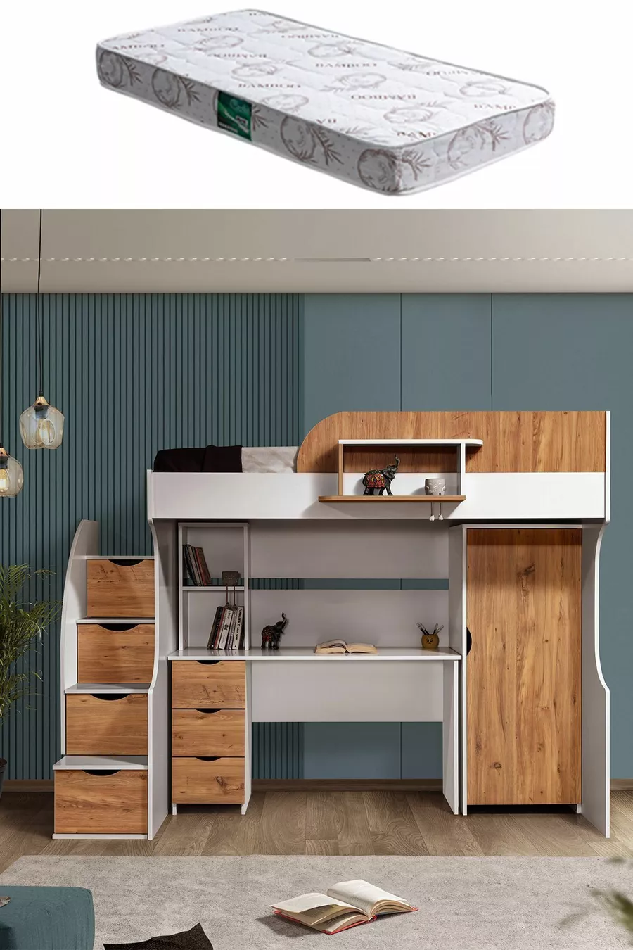Bunk Bed, Litera Bunk Bed Wardrobe Desk, White-Dark Walnut 1 Comfort Mattress