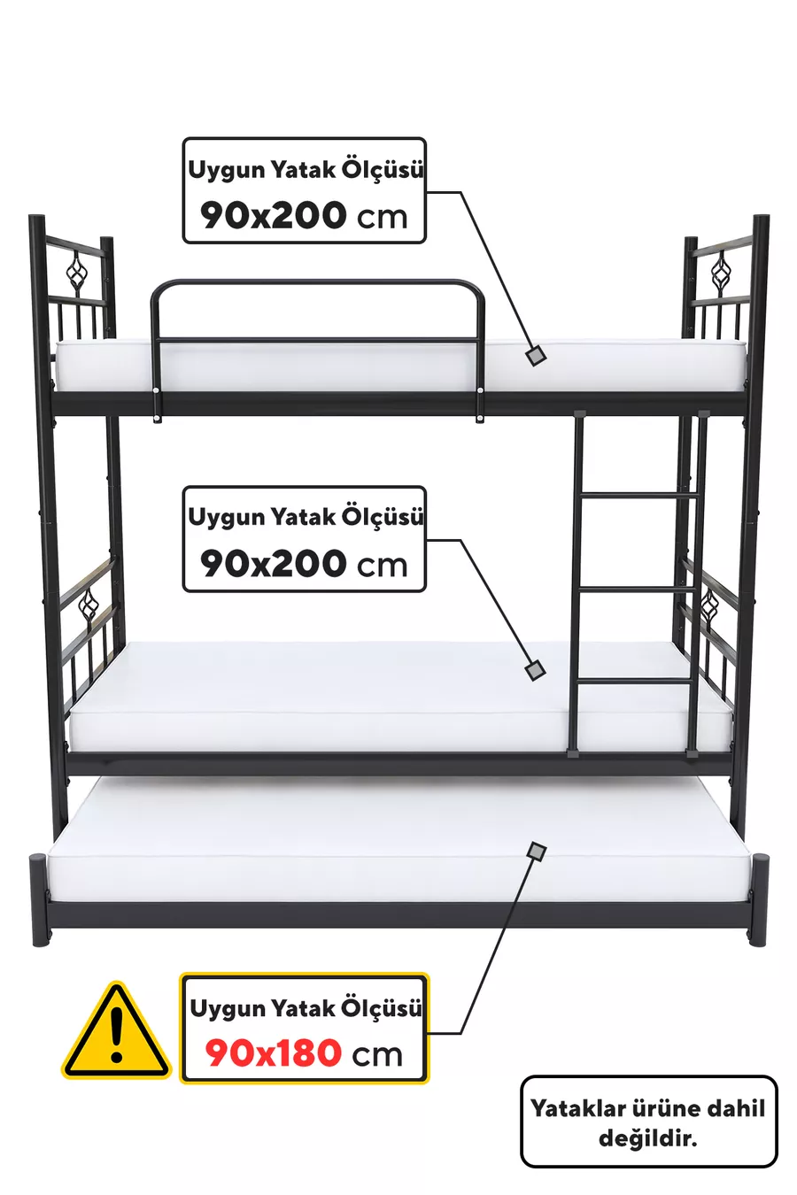 Koza Loft Bunk Bed Compatible with Mattress, 3-Person Black Metal Bunk Bed