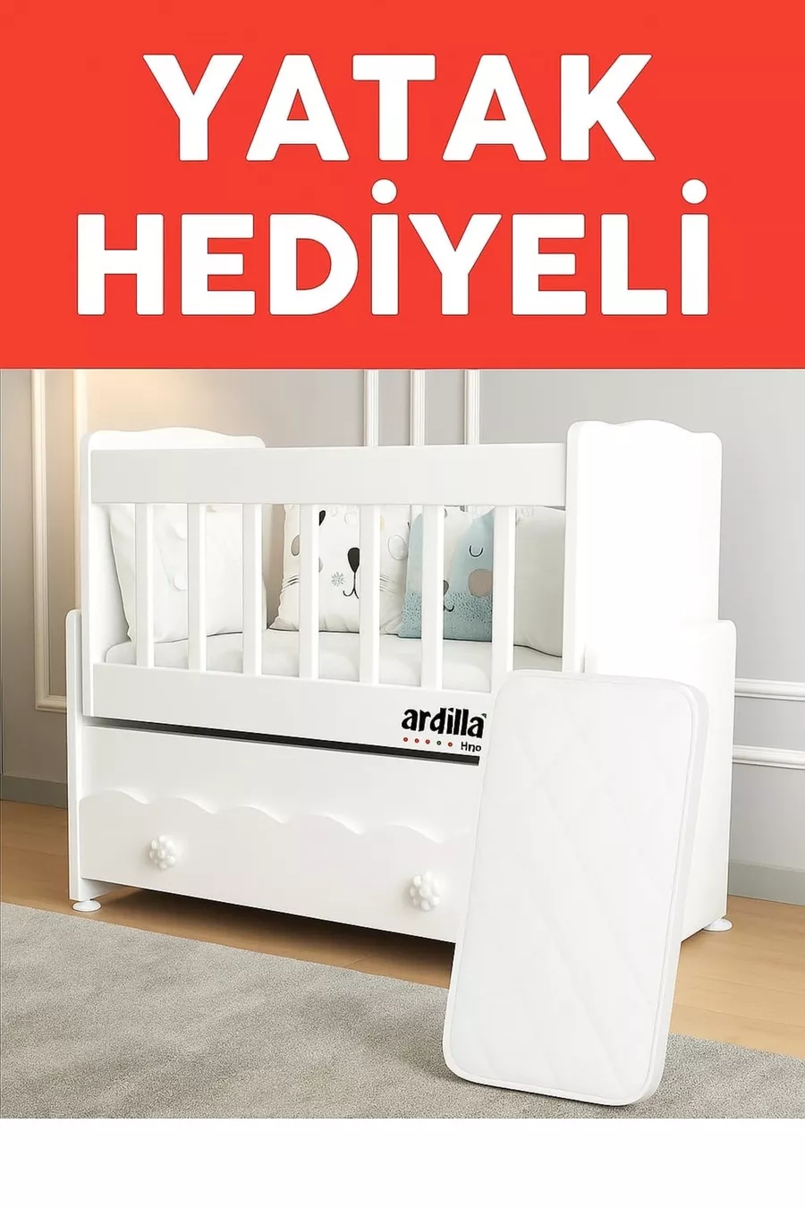 YATAK HEDİYELİ Anneyanı Sallanır Beyaz Çekmeceli  Beşik