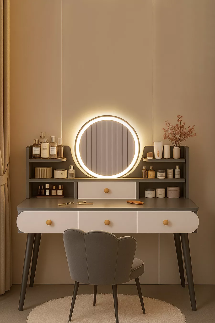 Coiffeuse moderne avec miroir rétroéclairé LED en MDF de qualité 1ère classe, table de toilette (G)