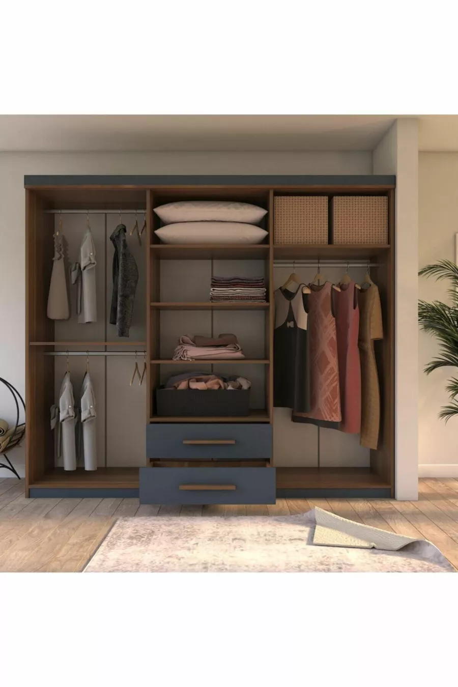  Lavinya Lux Armoire 6 Portes 2 Tiroirs Noyer-Anthracite Gris