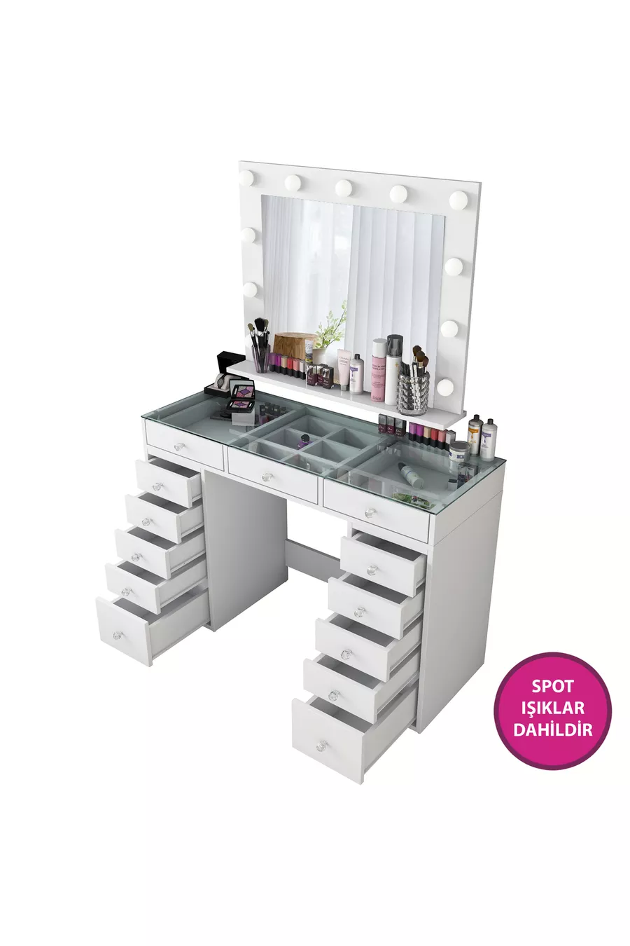 Rani Coiffeuse de Coulisse avec Miroir et Lumières Hollywood, Table en Verre, Organisateur de Bijoux, Blanc
