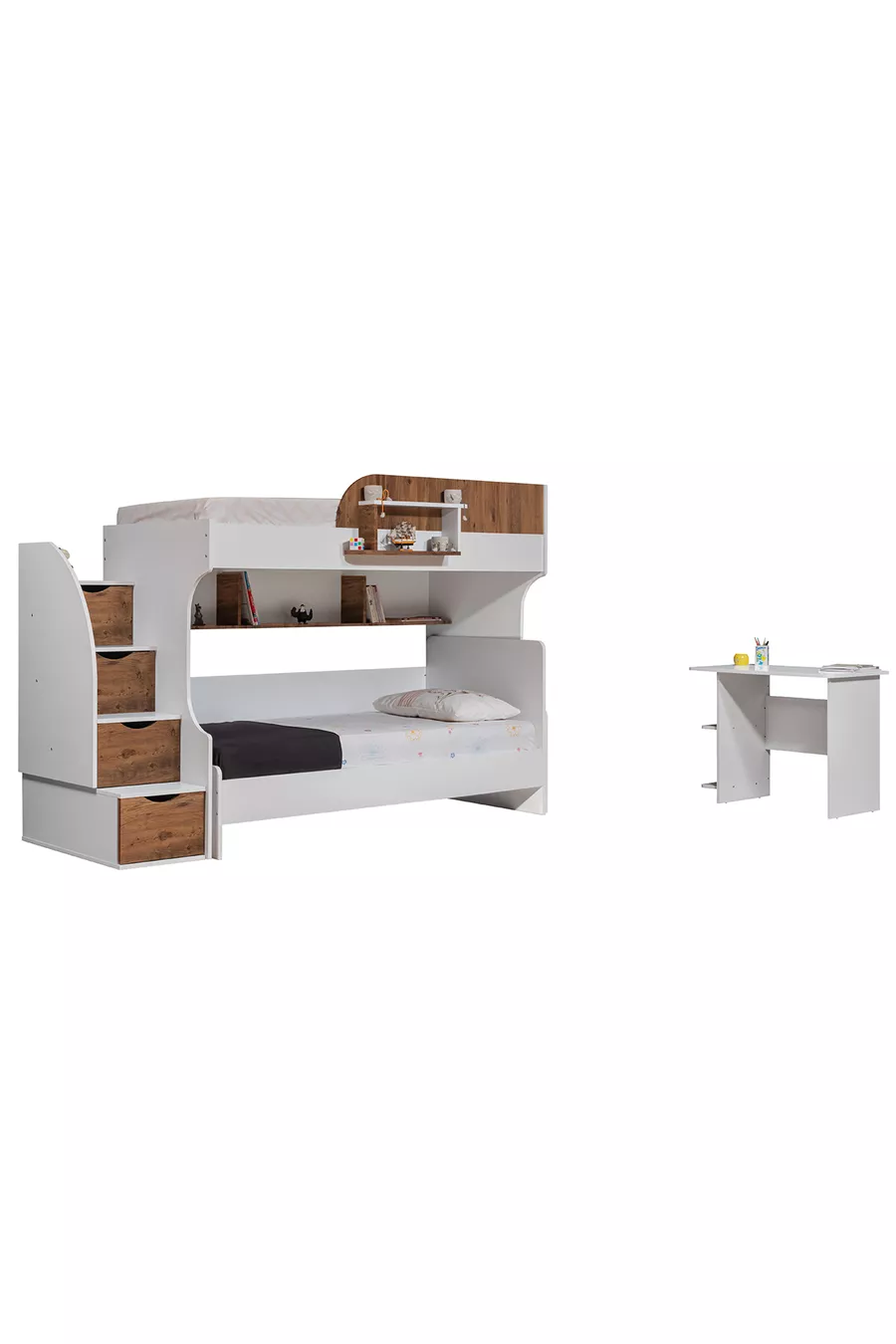 Bunk Bed, Aura Bunk Bed Bed Frame Desk 3-Door Wardrobe + 2 Comfort Mattresses