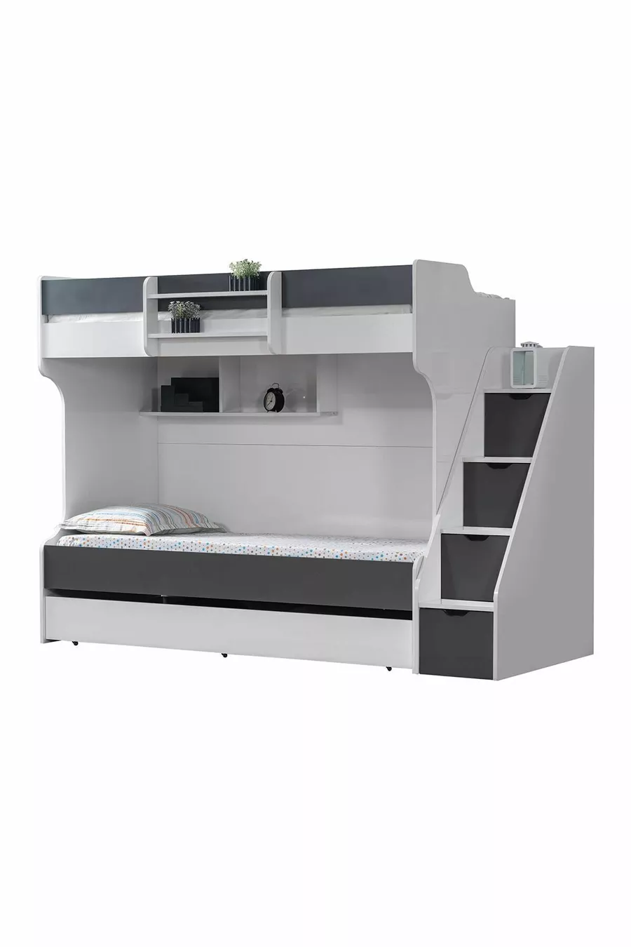 Bunk Bed, Kardem Bunk Bed with Drawer - Anthracite 2 Comfort Mattresses