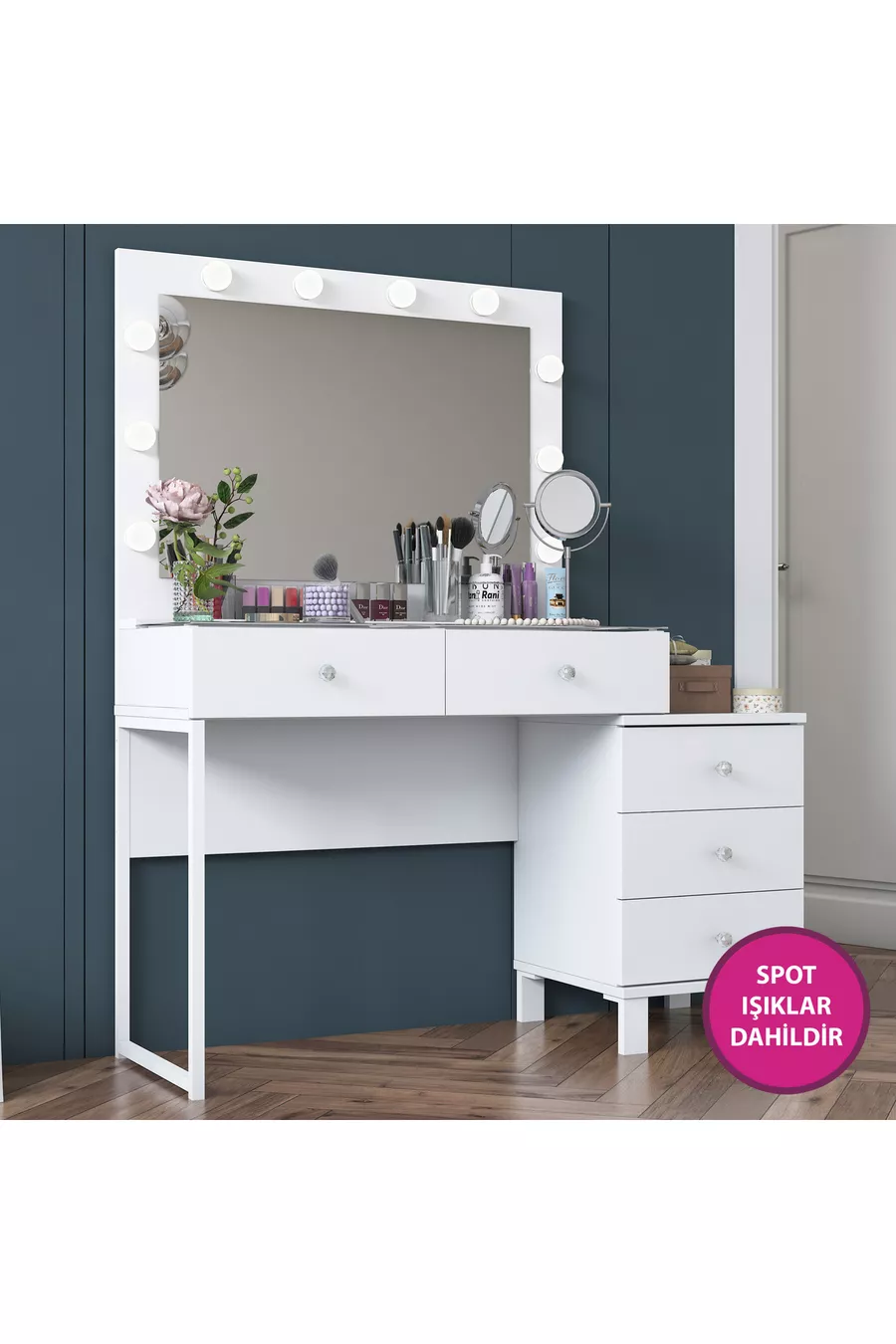 Rani Tavolo da Trucco con Specchio e Luci in Stile Hollywood con 5 Cassetti Organizzatore di Gioielli Bianco