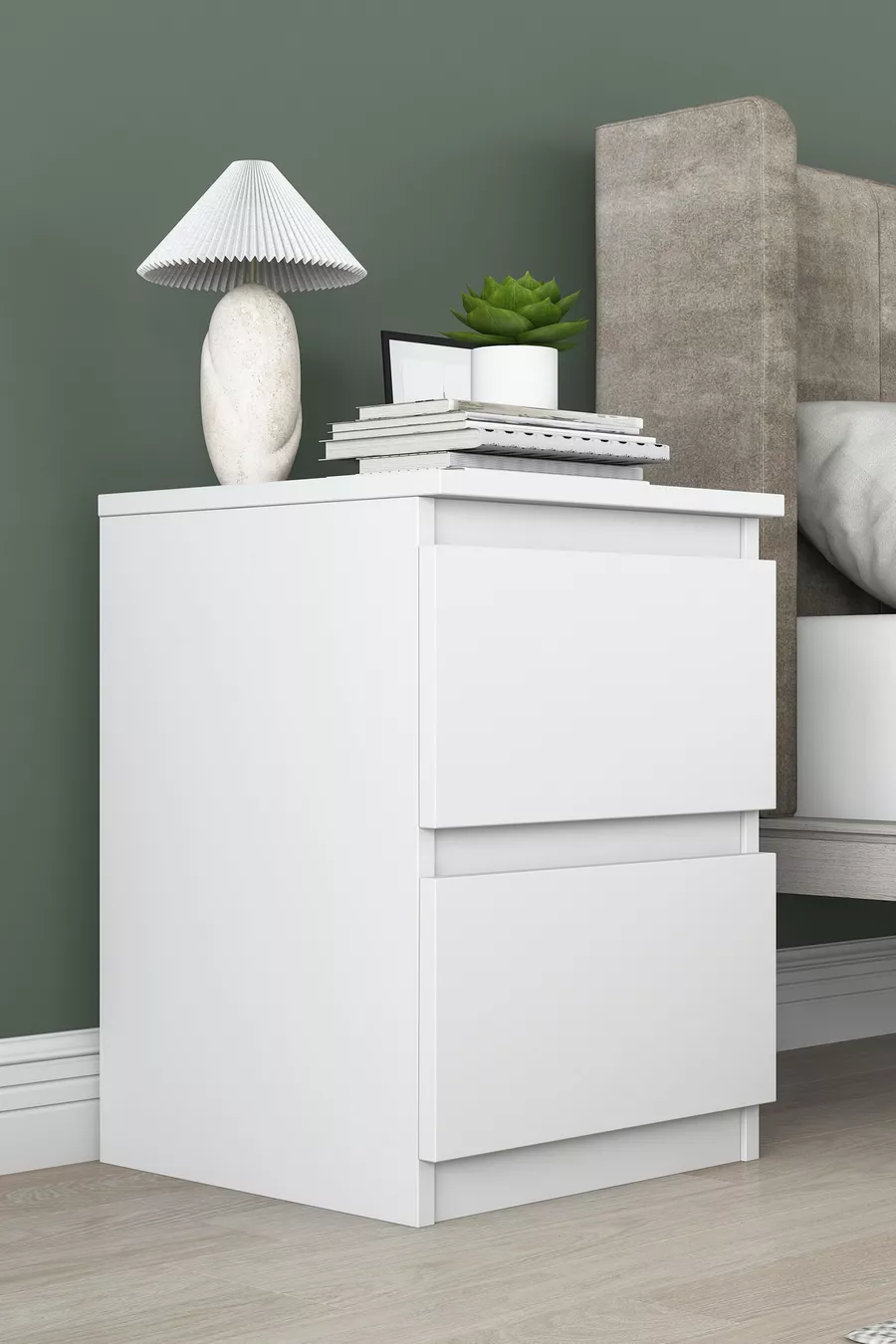 Table de chevet Rani pour chambre à coucher avec 2 tiroirs, blanche