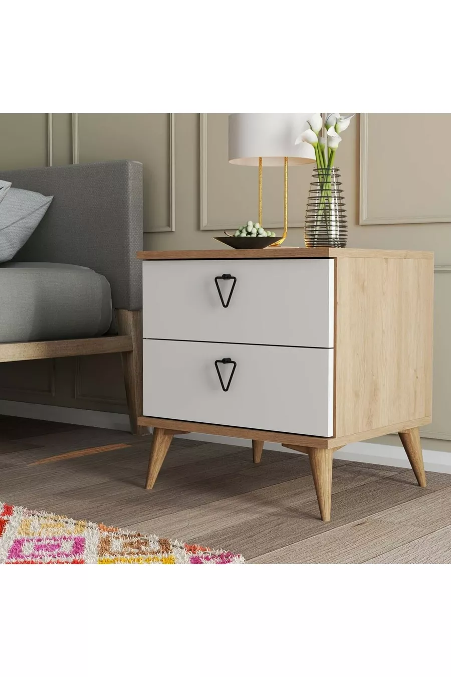 Table de chevet Versace 2 tiroirs avec panier - Blanc