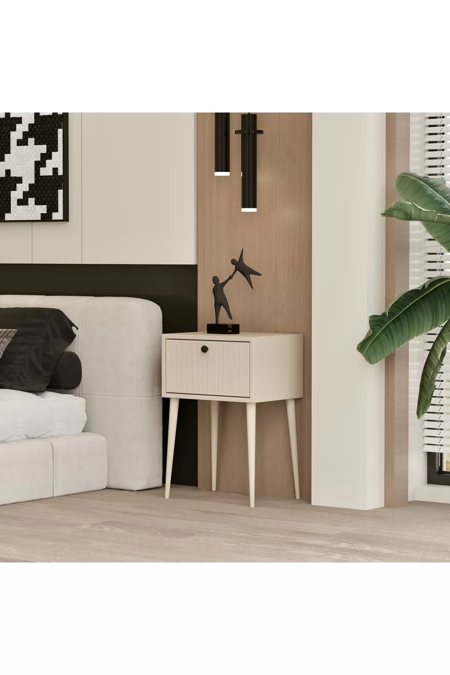 Table de chevet CANOPUS MDF couleur pierre de sable avec pied en bois et une seule porte