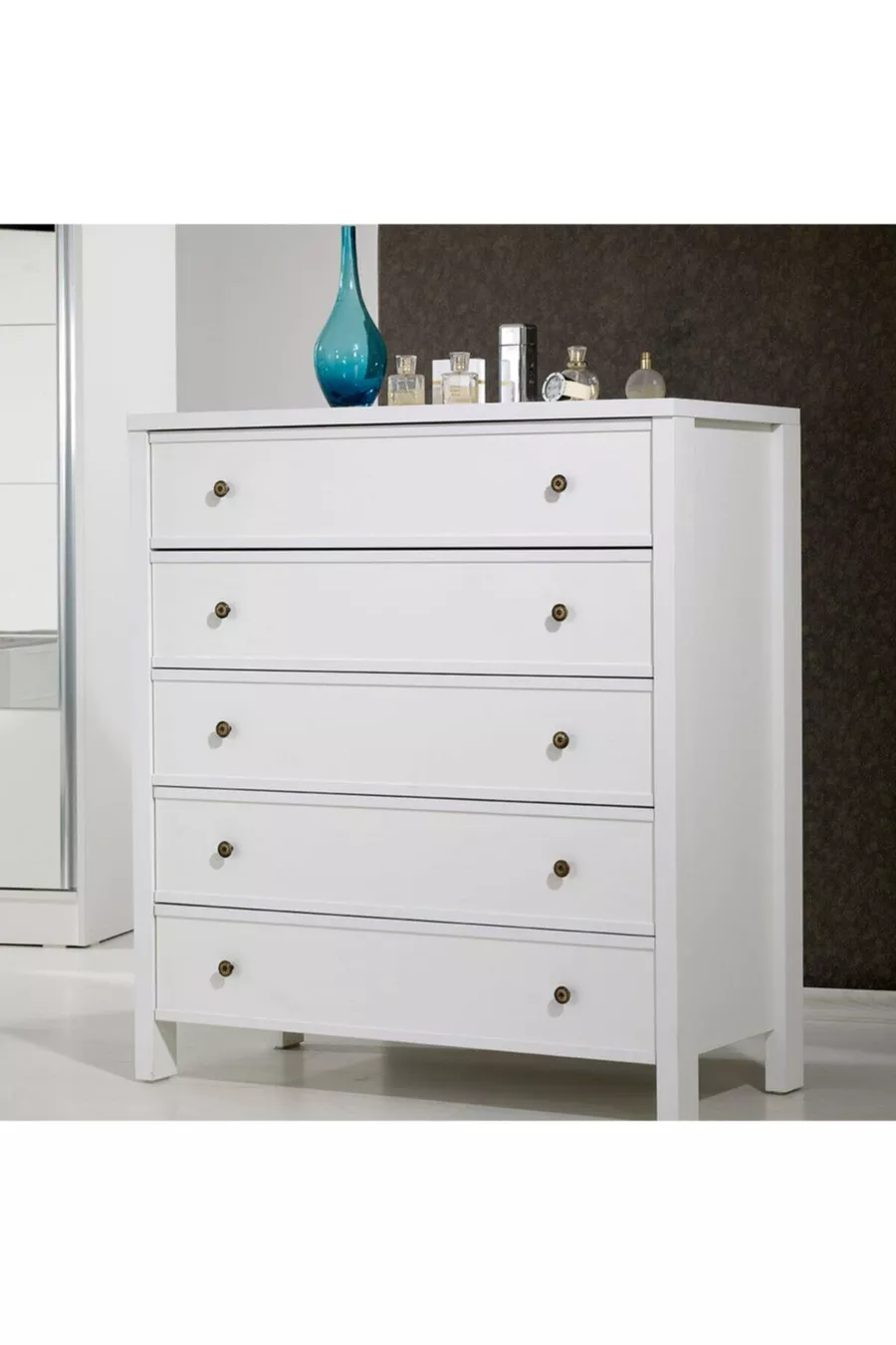 Comò moderno Rio a 5 cassetti con gambe, bianco
