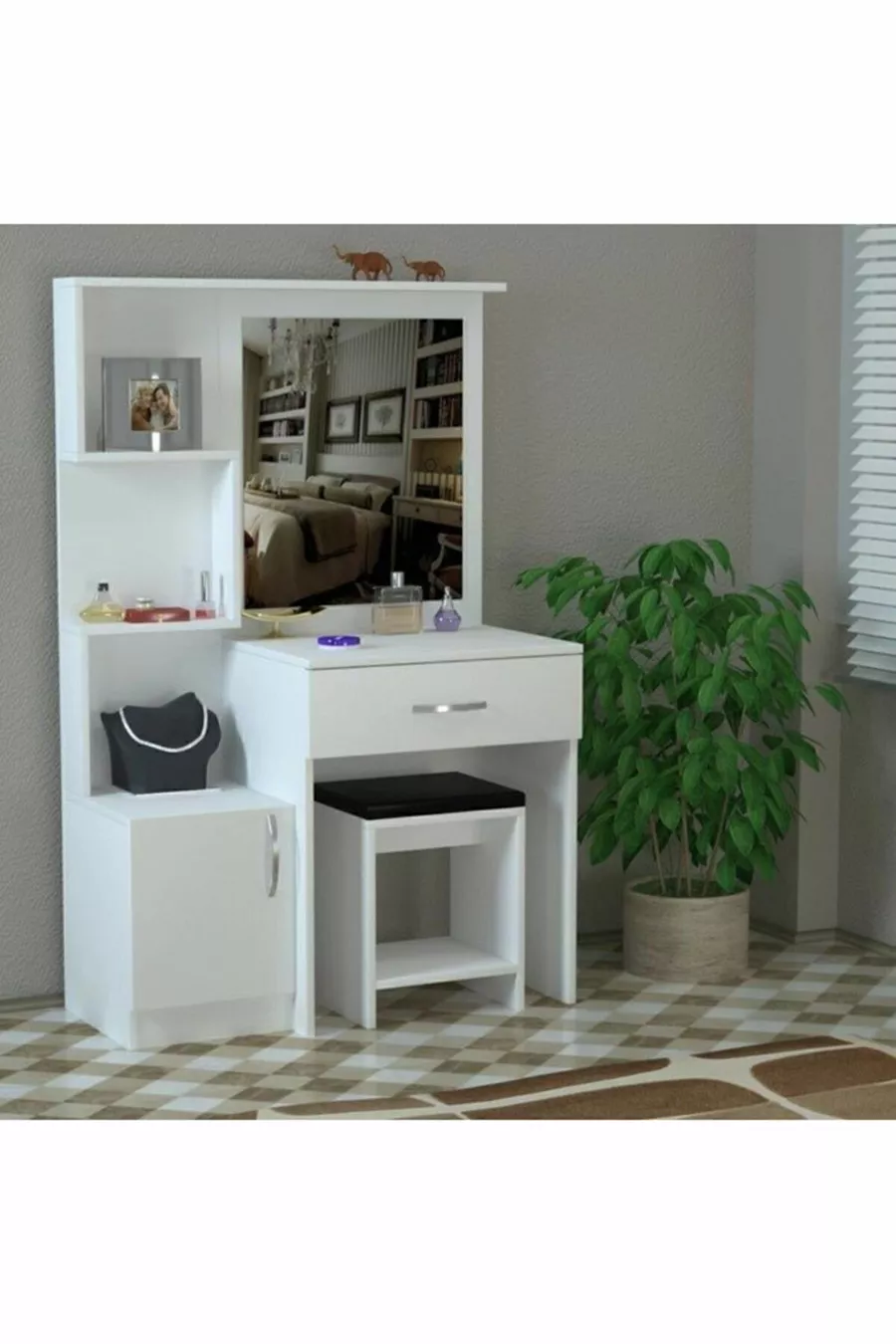 Tavolo da trucco Novella Puf con specchio, con armadietto, cassetti, ripiani, bianco, con cuscino, toilette