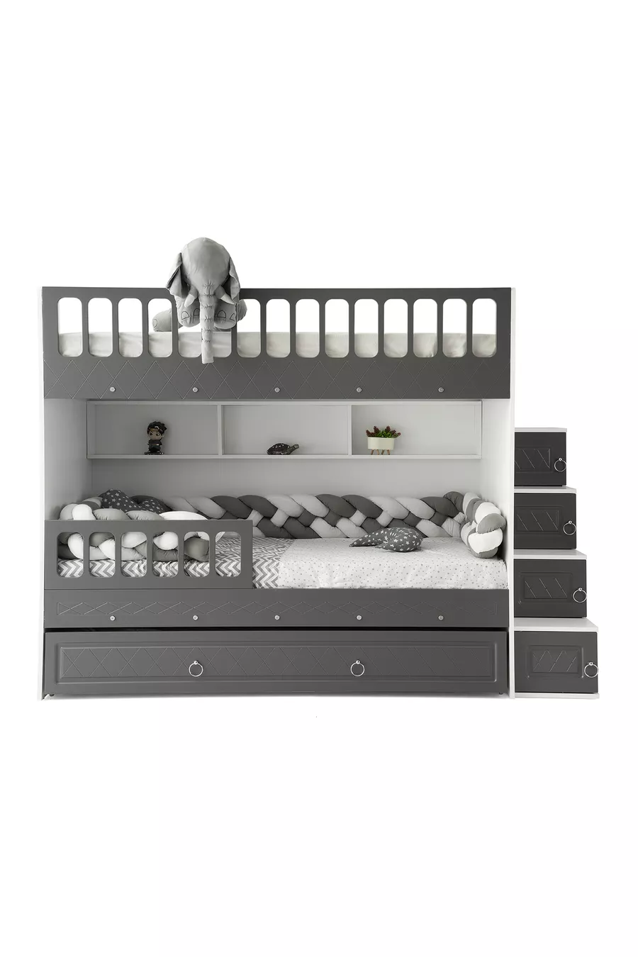 Letto a castello con cassetti Zümrüt, struttura in acciaio, rivestimento in membrana, MDF 100%