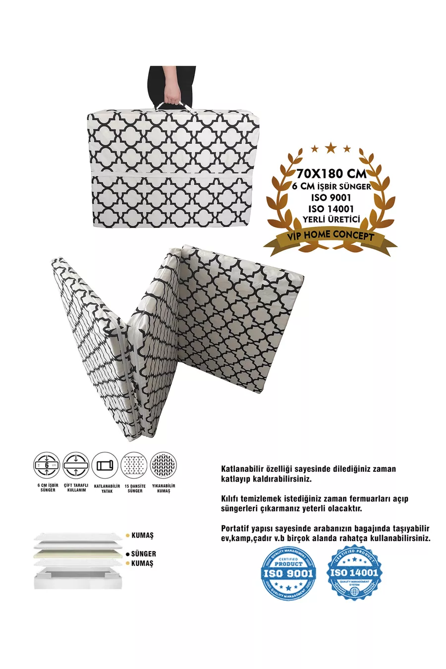 Lit escamotable Matelas pliant en mousse (cm) Alaçatı avec fermeture éclair