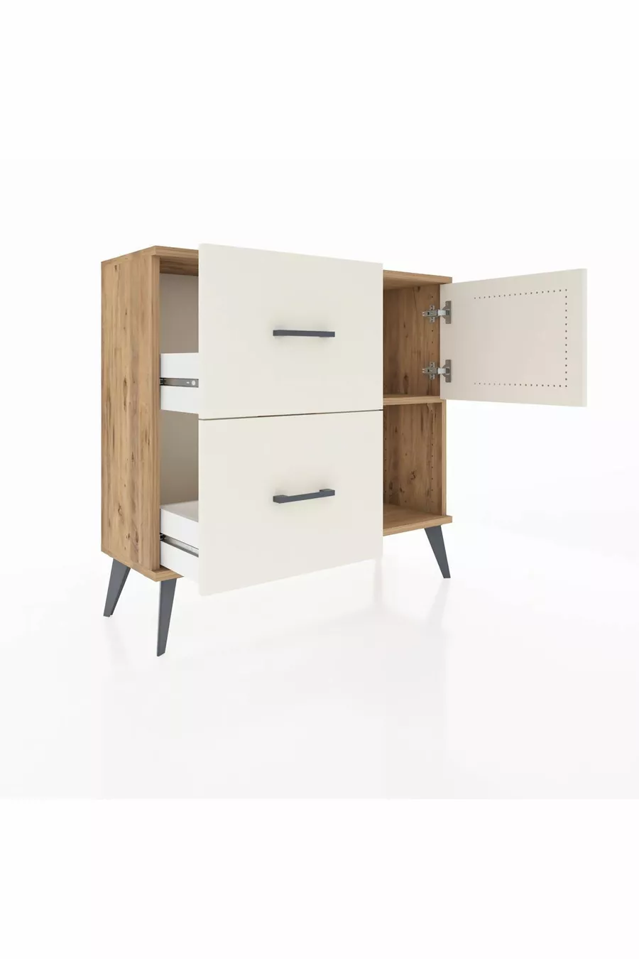 Commode Arges à une étagère, 2 tiroirs et une porte, pin et pierre de batte