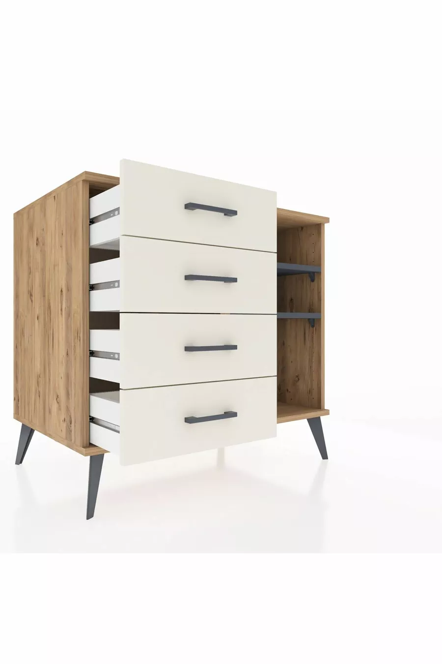 Commode Kronos 2 étagères 4 tiroirs Pin-Anthracite / Pierre de Lune