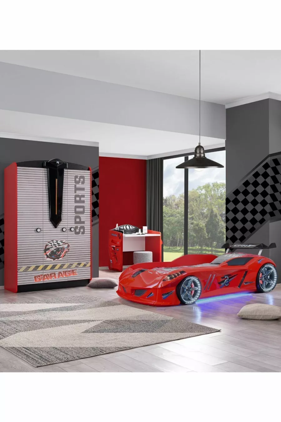 Chambre d'enfant - Lit à voiture avec pare-vent Jaguar - Armoire 3 portes, Bureau - Rouge