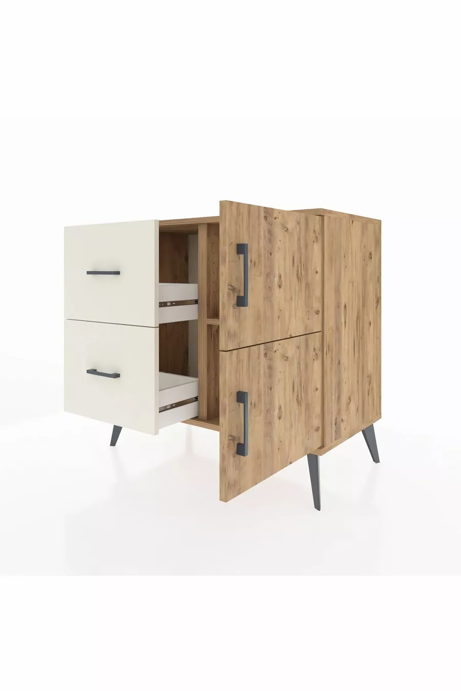 Commode Hyperion avec une seule étagère, 2 tiroirs et 2 portes, Pin-Pin / Pierre de bois