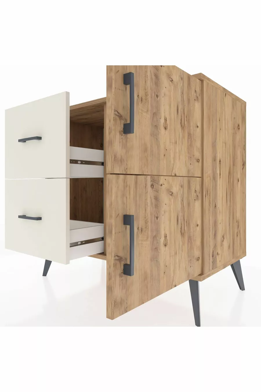 Commode Hyperion avec une seule étagère, 2 tiroirs et 2 portes, Pin-Pin / Pierre de bois