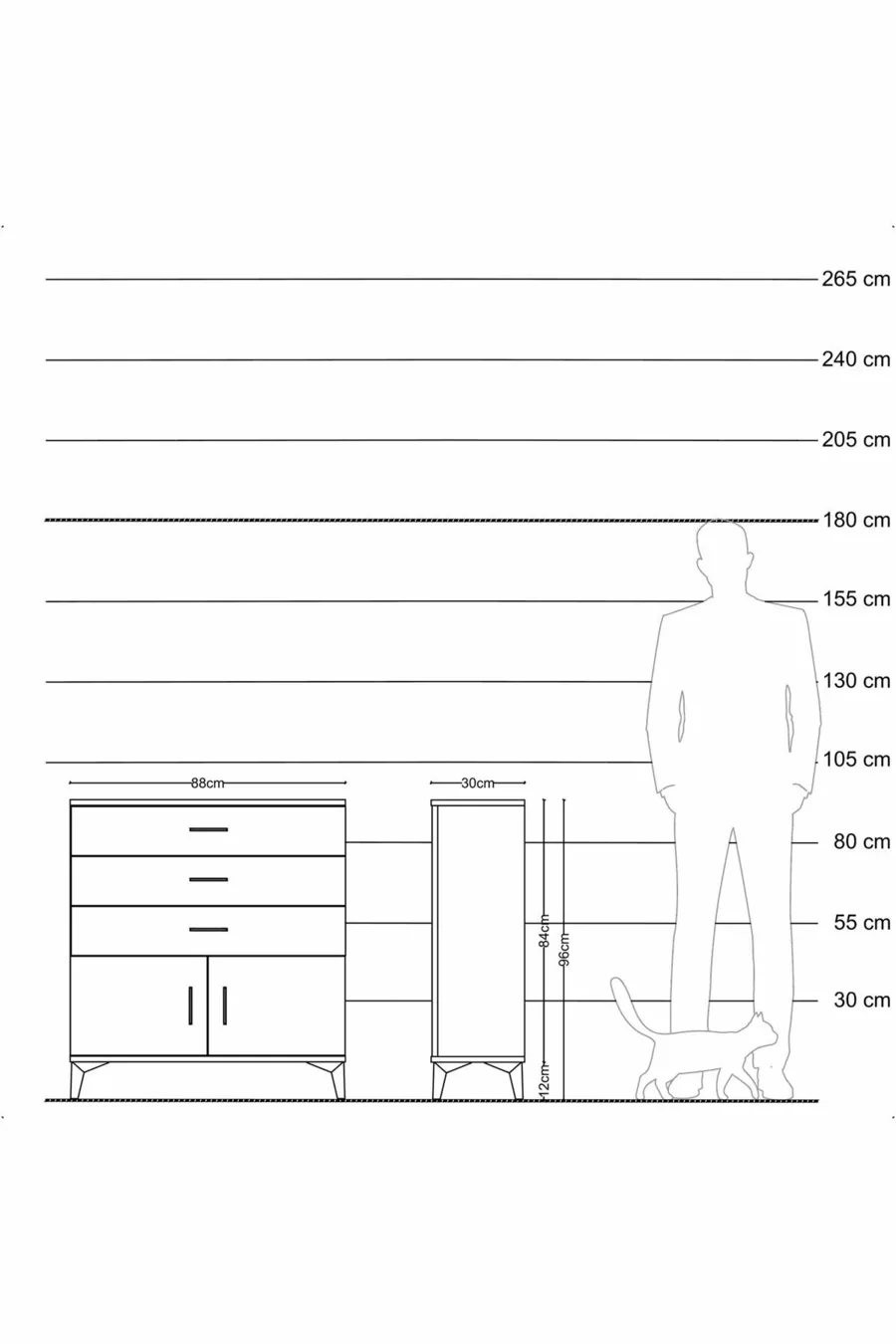 Commode Arges à une étagère, 3 tiroirs et 2 portes, Anthracite-Anthracite