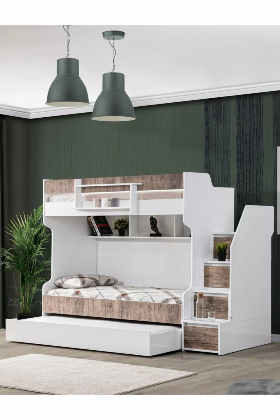Lits superposés, Lit superposé Courageux avec tiroirs - Noyer 3 matelas confort