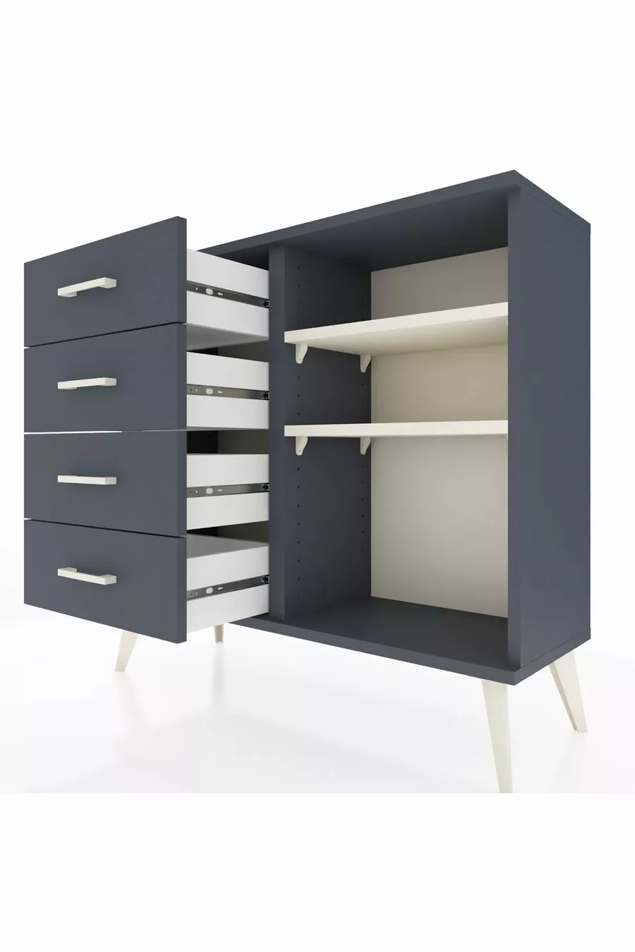 Commode Arges 2 étagères 4 tiroirs Anthracite- Pierre de lune/Anthracite