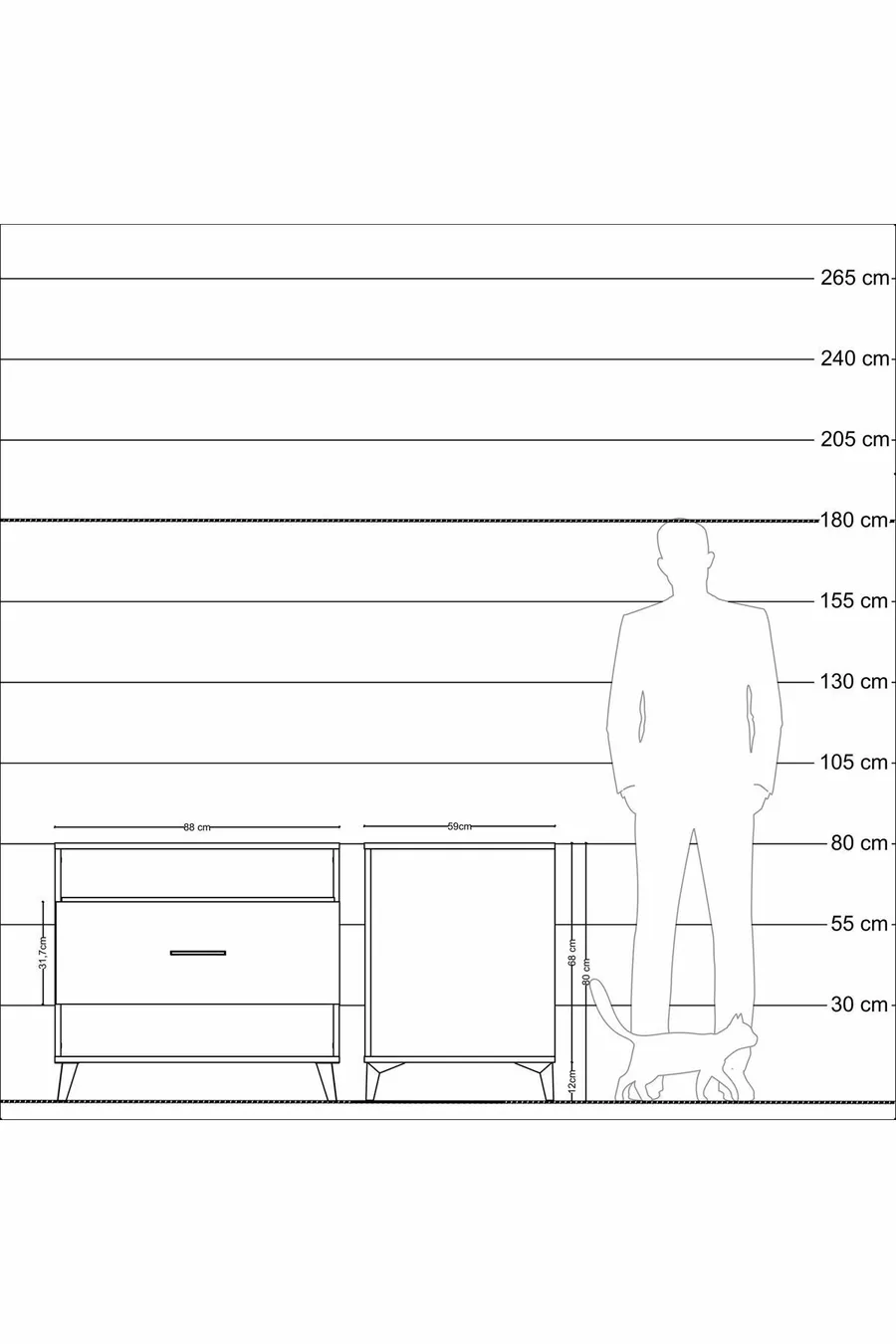 Commode Kronos à une étagère et un tiroir, en pin et travertin