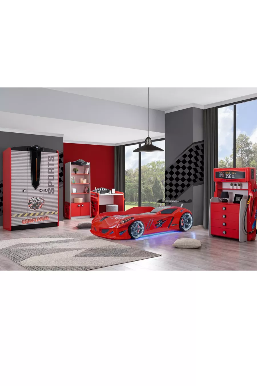 Kinderkamer - Bed met Jaguar-auto, Kledingkast met 3 deuren, Bureau, Ladekast, Boekenkast - Rood