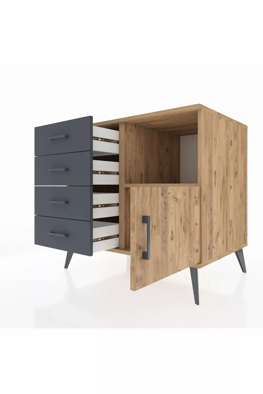 Kronos Dresser Single Shelf 4 Drawers Single Door Pine-Pine/Anthracite