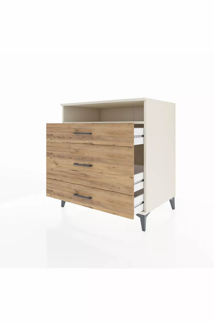 Commode Kronos avec une étagère et 3 tiroirs, Pierre de Lune-Pin