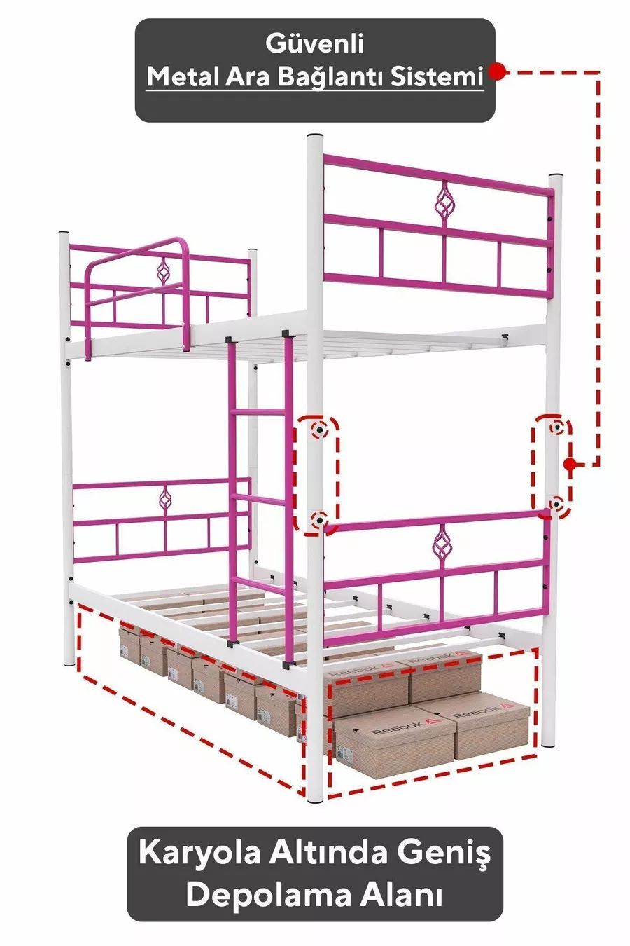 Letto a Castello Koza Ranza Compatibile con Materasso Rosa Scuro con Rete Metallica Separabile