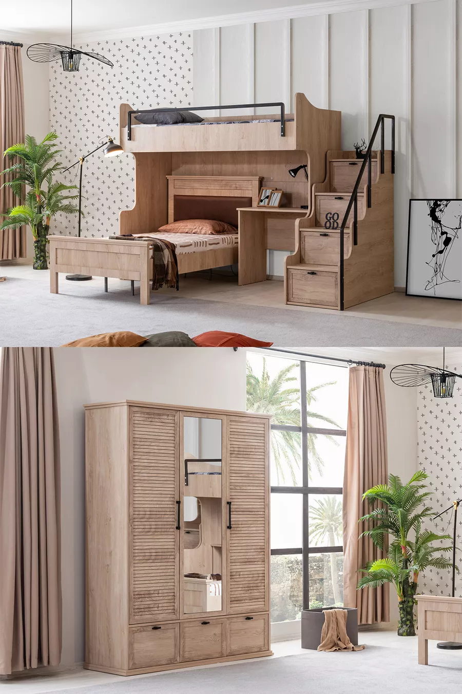 Lit superposé, ensemble de chambre pour jeunes Polo avec bureau double, lit superposé en noyer + armoire en noyer à trois portes