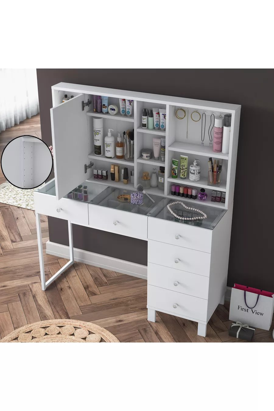Coiffeuse avec tiroirs Rani à miroir et couvercle, organiseur de bijoux avec crochets, blanc