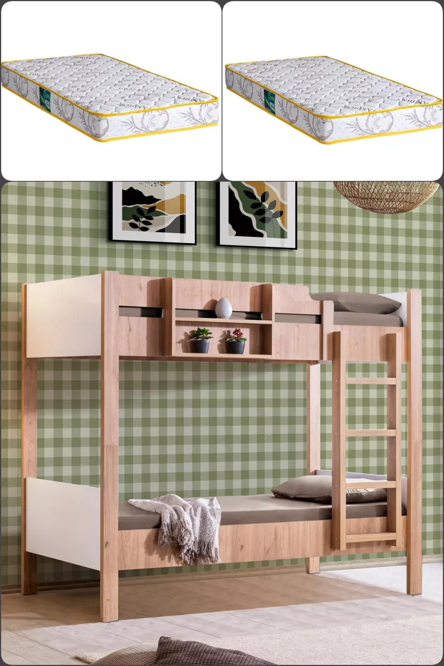 Lit superposé, Lit superposé détachable 2 places, Noyer - Blanc + 2 matelas Comfort