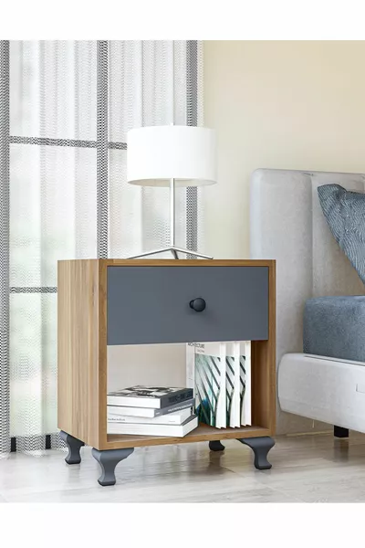 Gm Walnut Anthracite Gray Nightstand with Button Handles