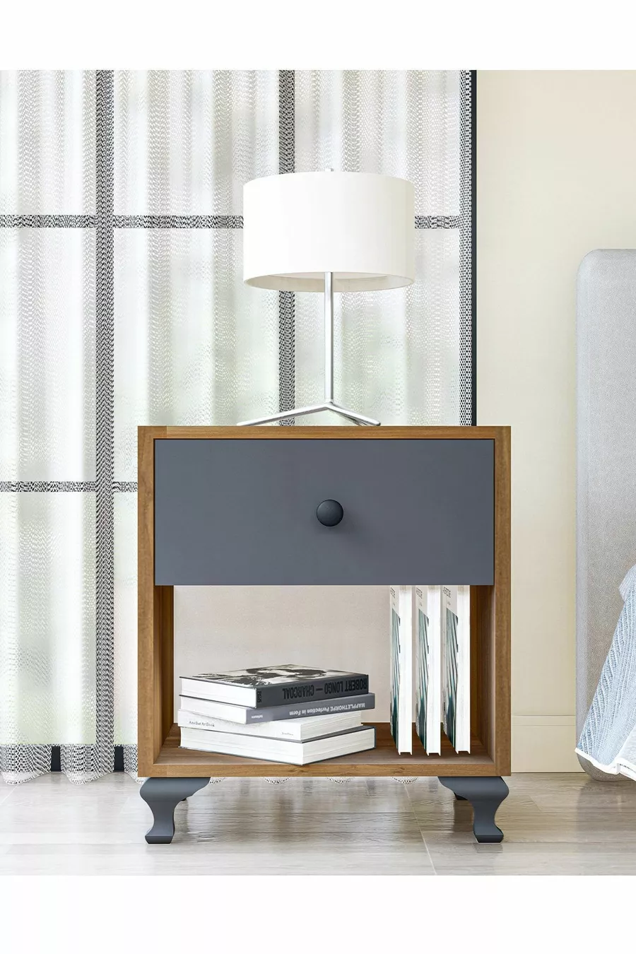 Table de chevet GM Noyer Gris Anthracite avec Boutons