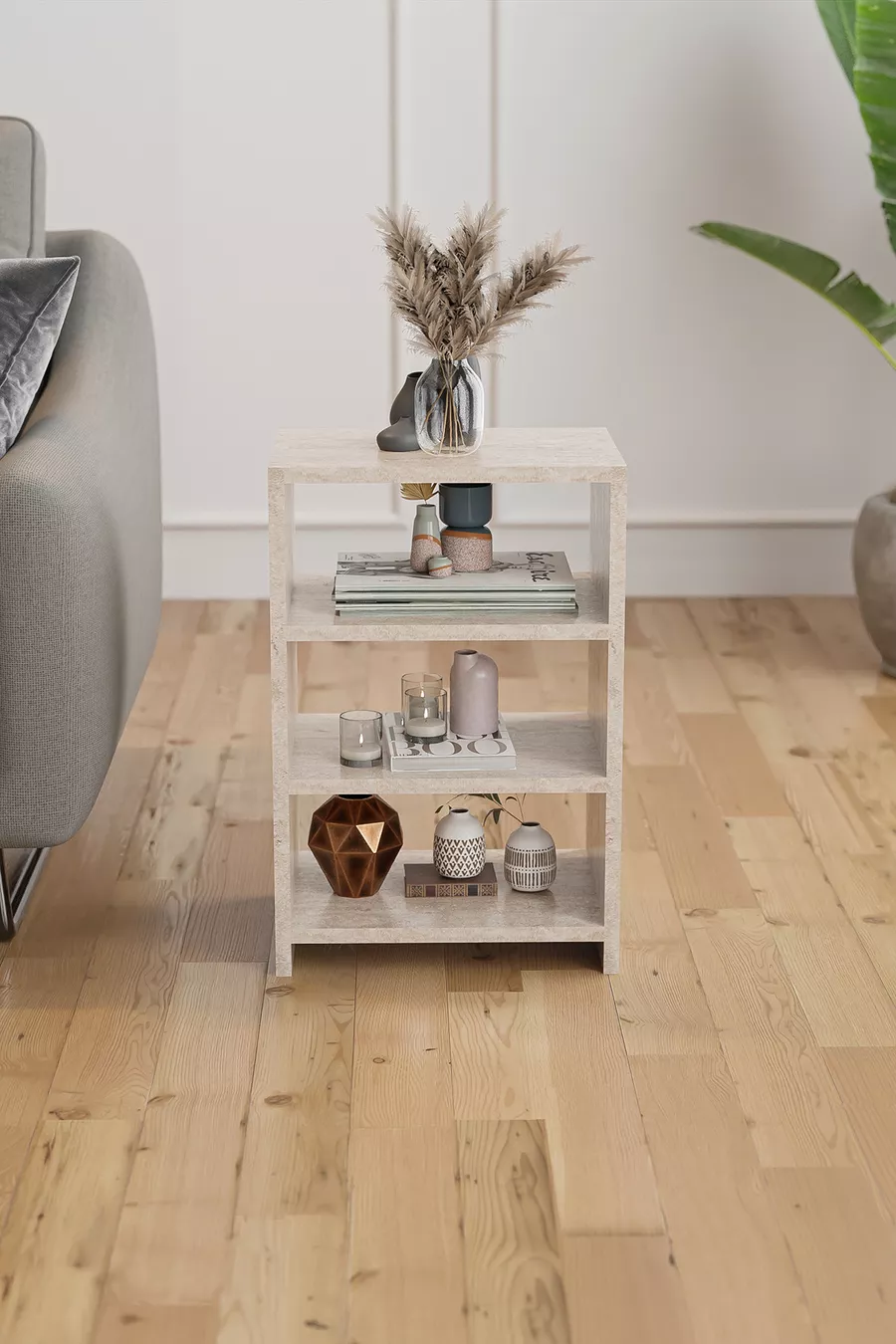 Table de chevet à 4 étagères pour chambre à coucher, table de chevet avec compartiments, table de chevet de chevet - Travertin
