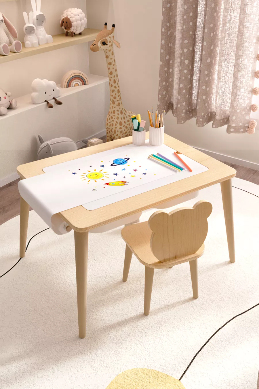 Table d'activité de jeu en bois avec chaise ourson en bois résistante à l'eau