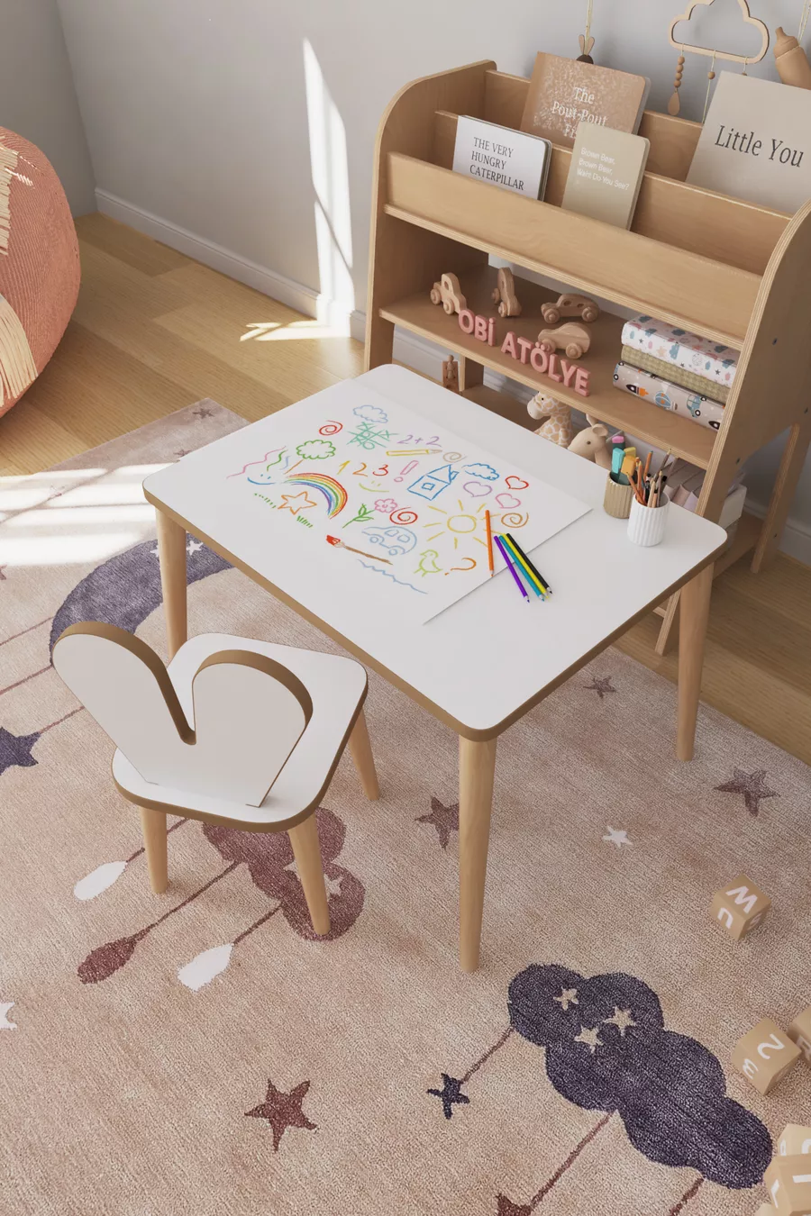 Table d'activité de jeu pour enfants Cm - Ensemble de rouleaux de papier - Table de travail avec chaise Montessori