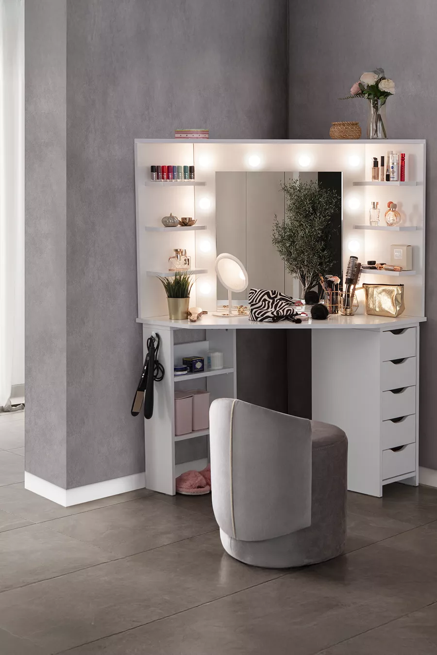 Diva Corner Hollywood LED Lighted Mirror 5-Drawer Makeup Vanity Table