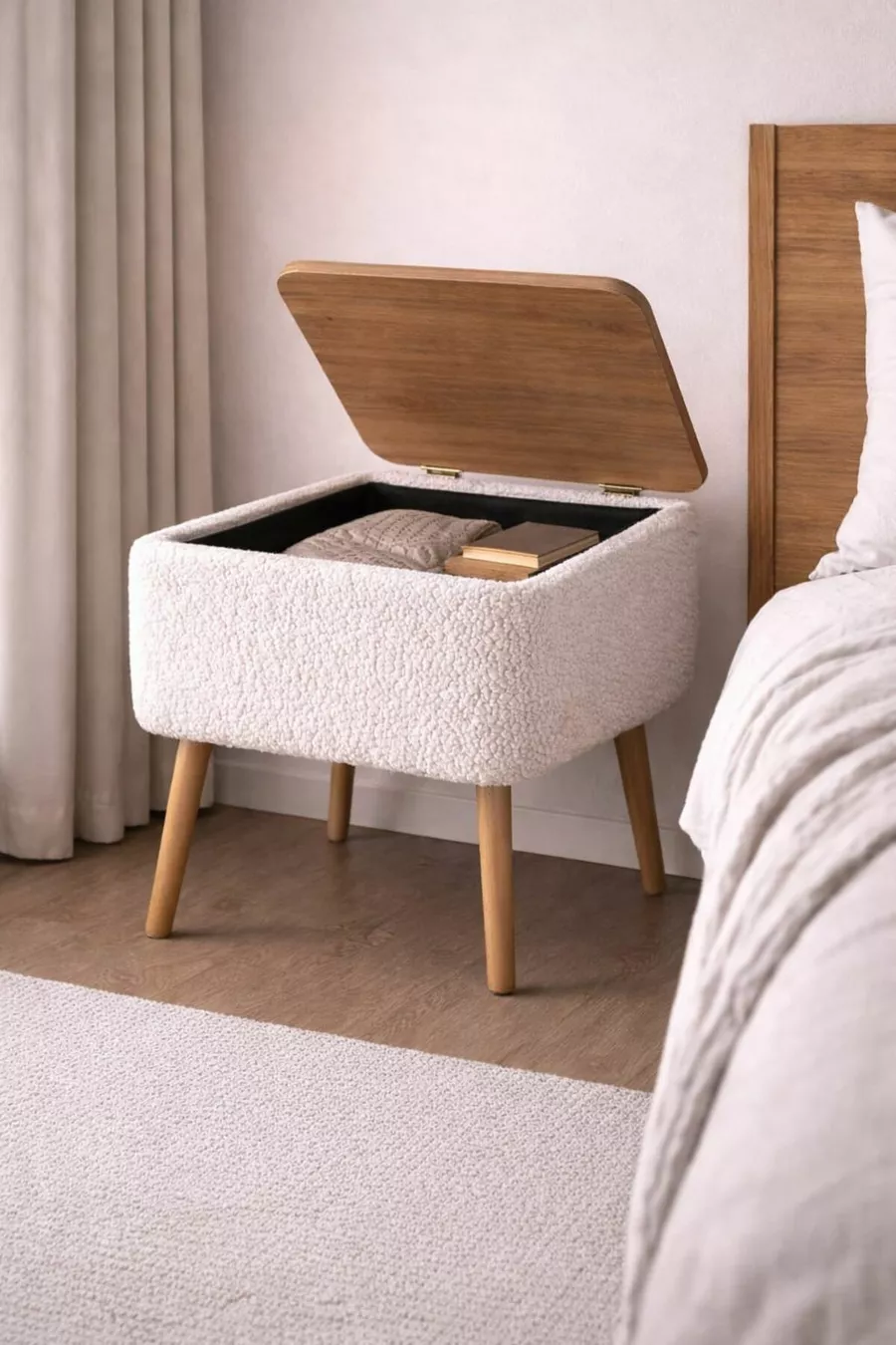 Nivo Drawer Nightstand, Modern Nightstand with Wooden Legs and Teddy Fabric Upholstery