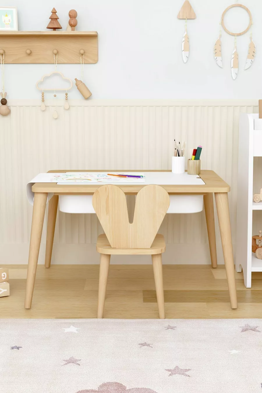 Tavolo da gioco in legno con attività, resistente all'acqua, con sedia in legno