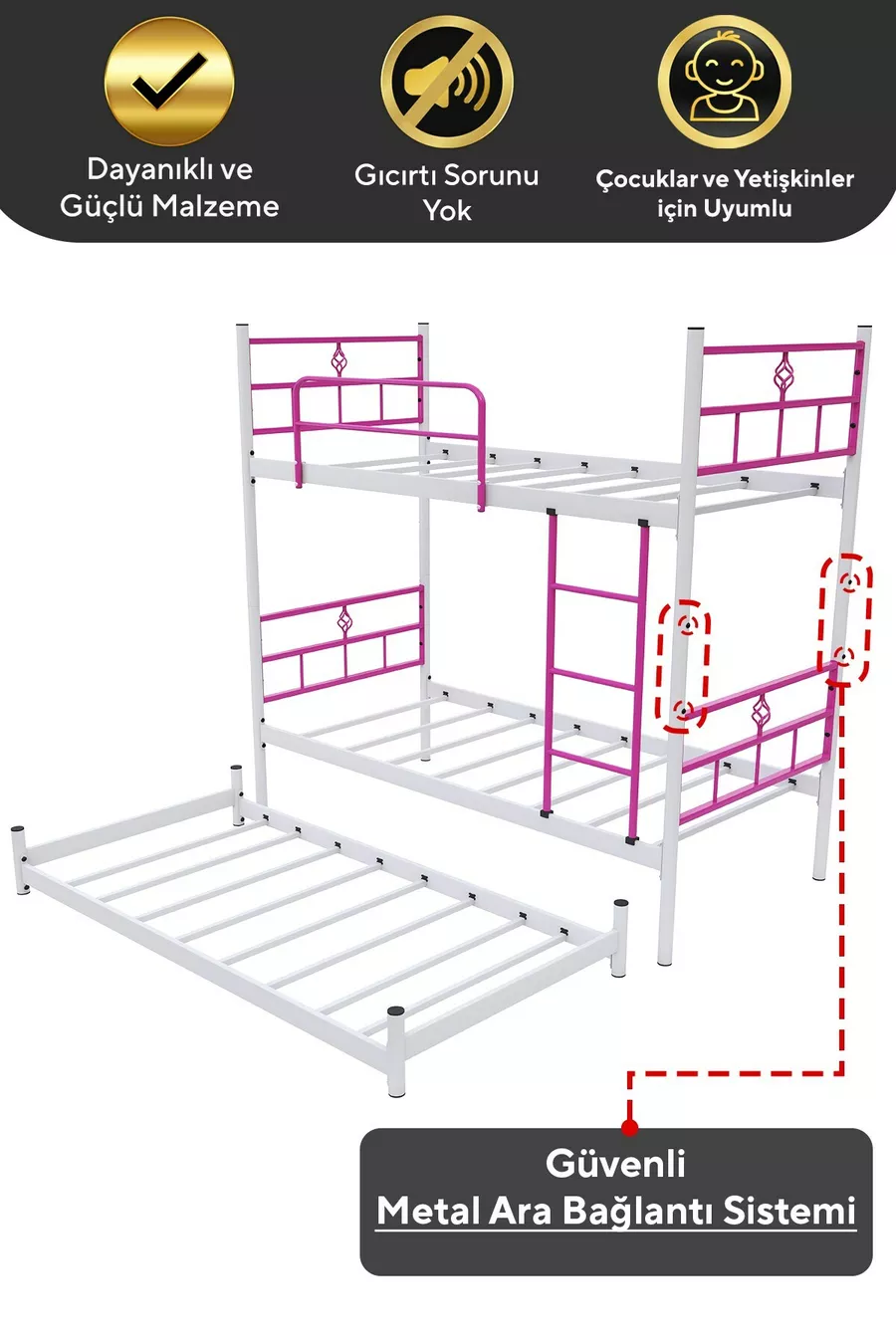 Lit superposé Koza avec tiroir pour 3 personnes Compatible avec lit, lit superposé en métal rose foncé