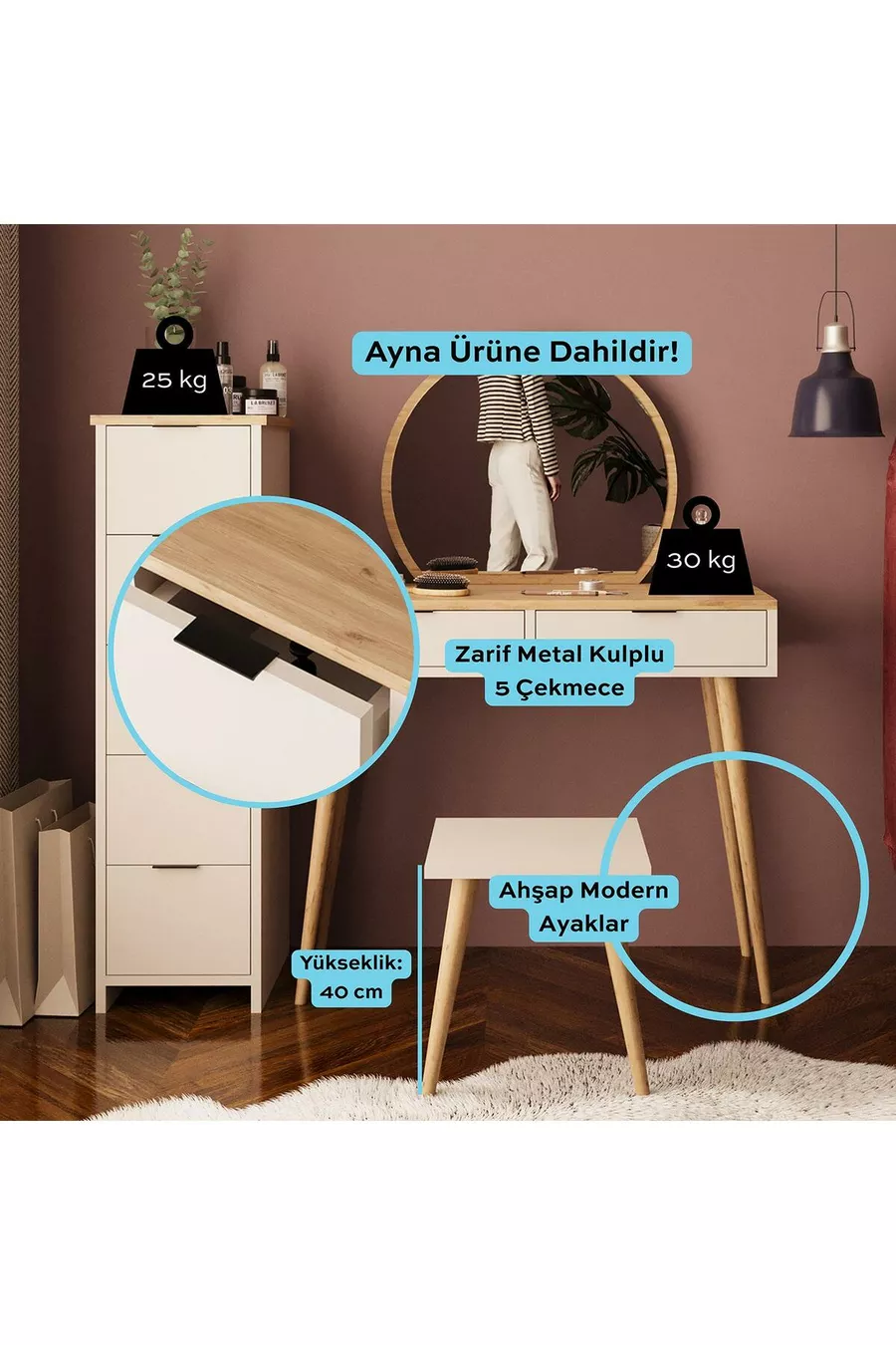 Ensemble de coiffeuse Lucy – Panier en grès | Avec tabouret, miroir, multifonction