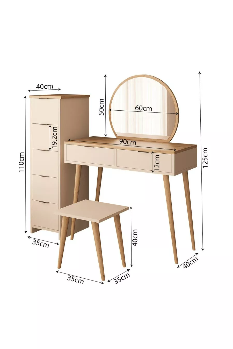 Ensemble de coiffeuse Lucy – Panier en grès | Avec tabouret, miroir, multifonction