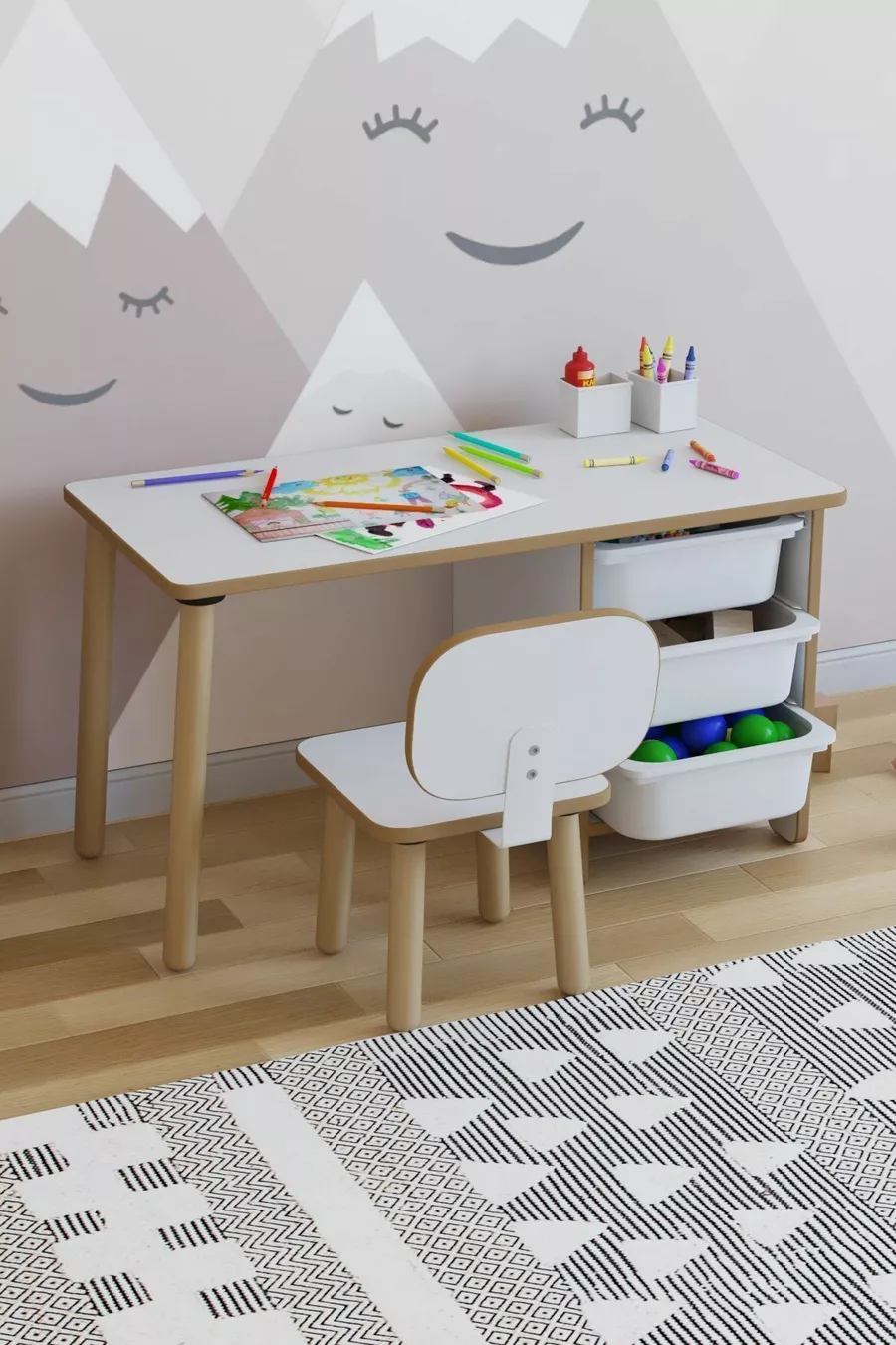 Kids Table and Chair Set Cm 3 with Basket Children’s Study Table Activity Table Write-Erase