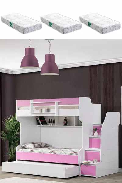 Etagenbett, Mutiges Kissen-Etagenbett - Rosa 3 Stück Komfortmatratze