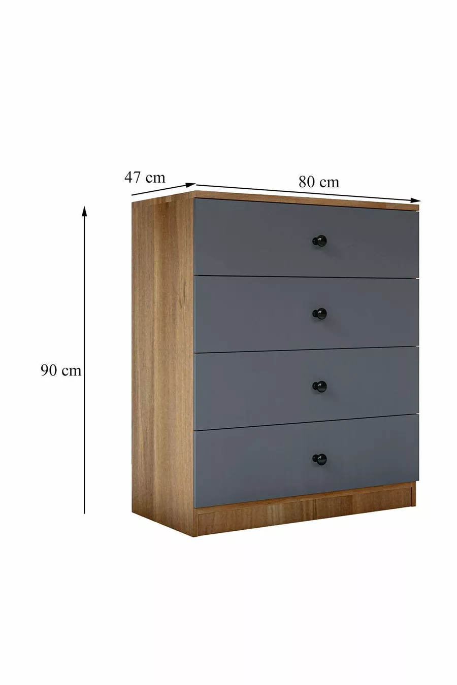 Comò Gm Almina a 4 cassetti con manopole a pulsante, grigio antracite-noce